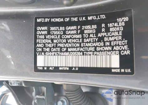 2021 Honda Civic Sport z USA, uszkodzony, nr VIN SHHFK7H44MU205394